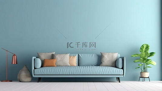 舒缓的斯堪的纳维亚客厅配有舒适的沙发别致的茶几和 3D 渲染的凉爽蓝色墙壁背景