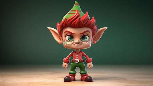 穿着红色和绿色服装的顽皮精灵的 3D 插图