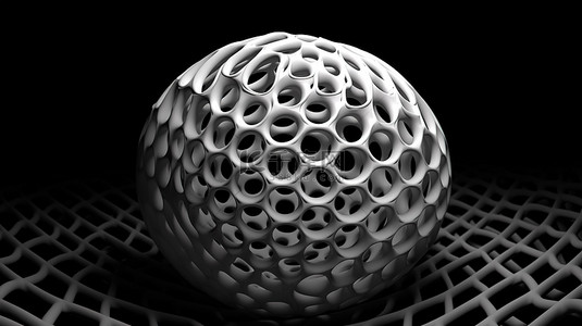 黑色背景下扭曲的白色网格球体的抽象 3D 渲染