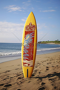 红色背景板背景图片_沙滩上的黄色和红色冲浪板