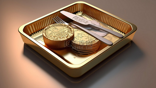 ppt封面插图背景图片_打开礼品盒的 3D 插图，配有英镑货币食品托盘和用餐盘