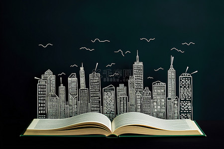 一本书和一座摩天大楼城市的图画