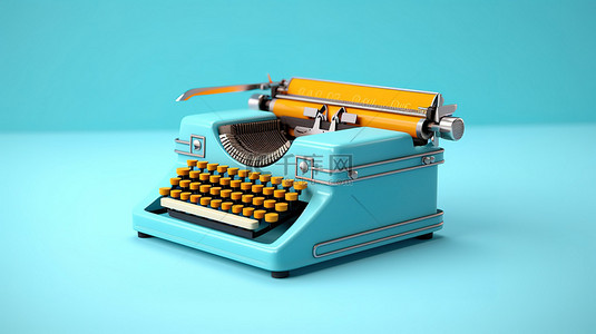 通过 3D 建模创建的蓝色背景上显示的古董打字机
