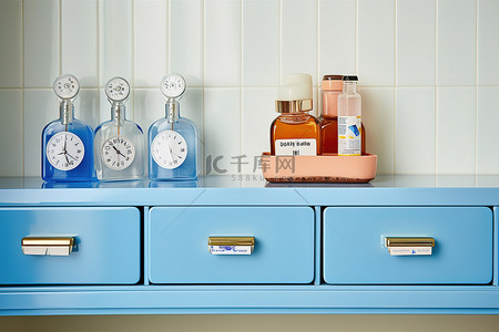 家具蓝色背景图片_闹钟和瓶子前面有一个蓝色抽屉和木架子