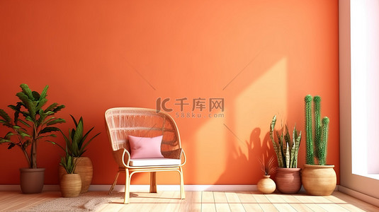墙室内背景图片_海边别致的 3D 渲染舒适的室内装饰，配有波西米亚风格的橙色墙壁和舒适的椅子