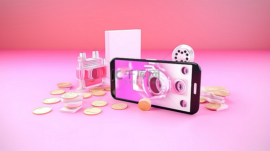 插画纸币背景图片_在充满活力的粉红色背景下，在硬币和纸币的漂浮海洋中，通过智能手机上的 3D 视频和被动收入视觉效果进行沉浸式在线营销