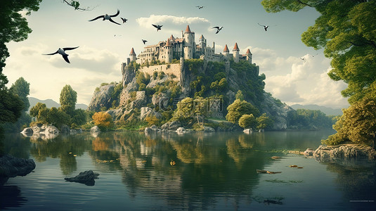 中世纪城堡背景图片_风景秀丽的绿岛上一座历史城堡的 3D 插图，周围环绕着湖泊和翱翔的鸟类