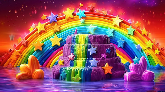 3D 渲染卡通场景的图片，带有神奇的彩虹瀑布和闪亮的星星