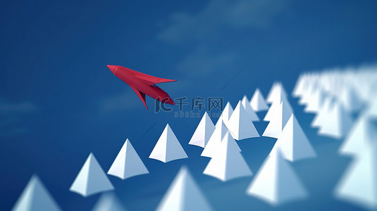领先的一架红色纸飞机在蓝色背景的白色飞机中处于领先地位，象征性地展示了商业领导力和团队合作 3D 渲染