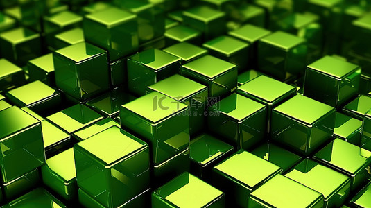 简单方块背景背景图片_放置在表面上的金属绿色立方体的 3D 渲染插图