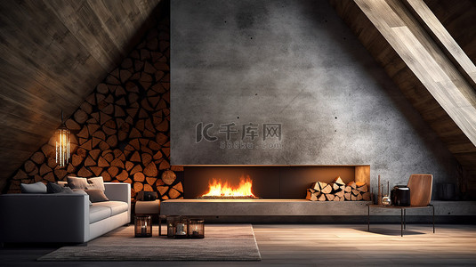 阁楼风格的设计师壁炉的 3D 渲染，内置火箱和燃烧的木柴