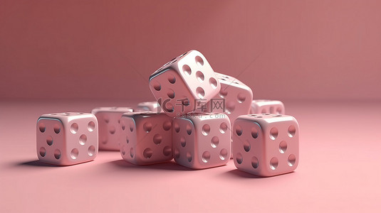 一套 3D 游戏骰子插图，粉红色背景，独特设计，从一到六