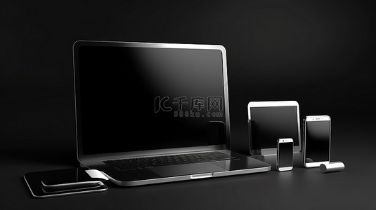 笔记本电脑平板电脑和手机 3D 渲染的黑色隔离模型
