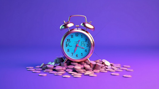 时间就是金钱 3D 渲染卡通蓝色闹钟，紫色背景上有硬币