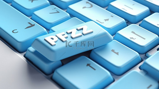 打字特写背景图片_3d 渲染白色电脑键盘上蓝色披萨键的极端特写