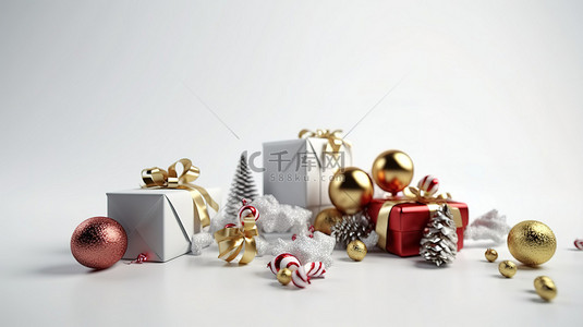 白色表面，带有 3D 渲染的圣诞礼物雪花糖果铃和球