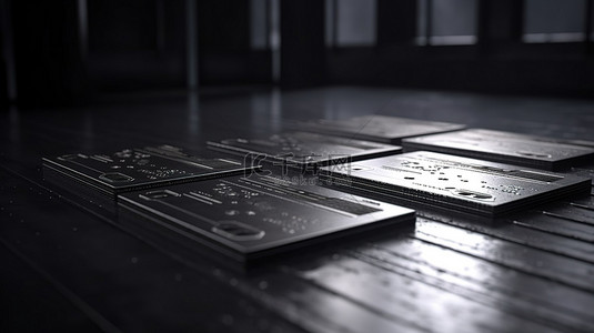 深色地板上的时尚铝制名片和便携式硬金属卡 3D 渲染