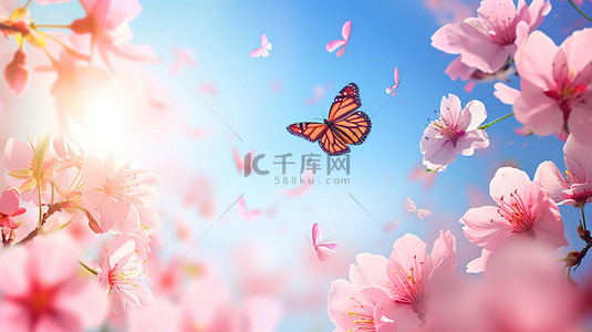粉红色樱花和飞翔的蝴蝶背景素材