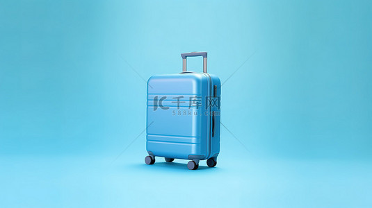 探索旅行背景图片_蓝色旅行箱的简约 3D 渲染与象征旅游和探索的匹配蓝色背景