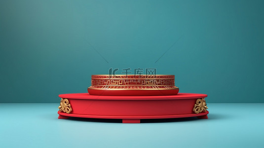 mbe风格床背景图片_充满活力的蓝色背景的 3D 渲染，带有红色讲台和平底锅，用于中国风格的产品展示