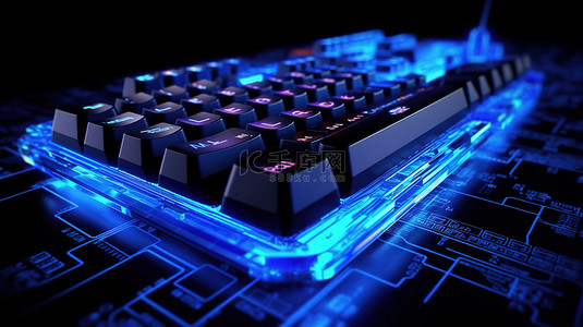 键盘海报背景图片_带有流媒体设备的黑色背景上的游戏工作区蓝色键盘的 3D 渲染