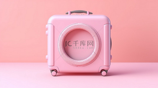 夏季旅行创意手提箱，带橡胶圈，柔和的粉红色背景 3d