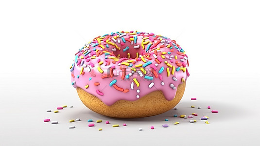 3D 渲染美味的粉色冰甜甜圈，上面装饰着彩色的糖粉，非常适合送礼