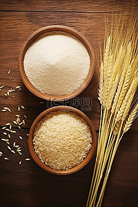 木桌上的稻米小麦和麦穗