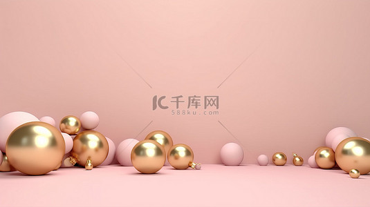 圣诞节主题的粉色和金色平躺，带有 3D 渲染球