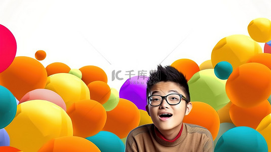 青年社交背景图片_围绕着一个机智的 3D 亚洲青少年的彩色气泡