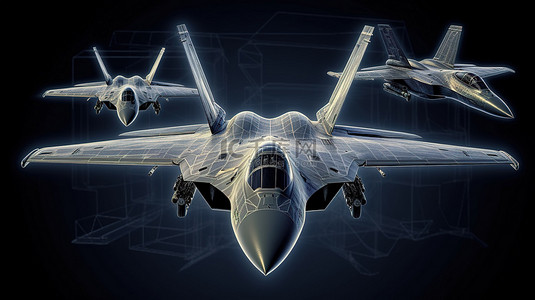 军用喷气式飞机背景图片_轮廓绘制线在 3D 渲染中描绘军用喷气式战斗机轮廓