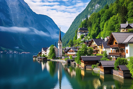 德国阿尔卑斯山谷有许多小房子和运河