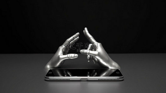 金属雕塑的 3D 插图描绘了两只手抓着空白屏幕的手机
