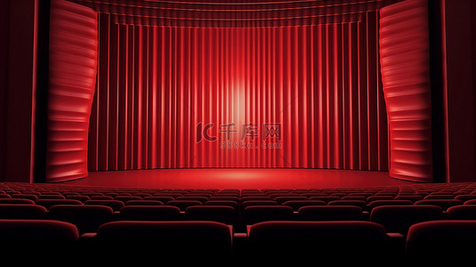 关闭电影屏幕上红色窗帘拉回的 3D 渲染