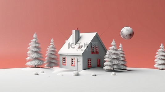 简约新年海报背景图片_节日家居和树木布置，配有简约抽象新年背景充足的复制空间 3D 渲染