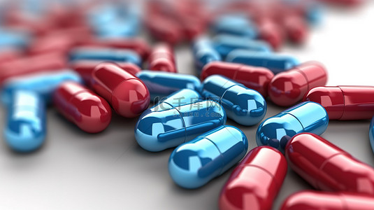 癌症治疗手段背景图片_白色背景与红色和蓝色胶囊药丸是医疗保健抗生素和 3d 治疗的医学概念