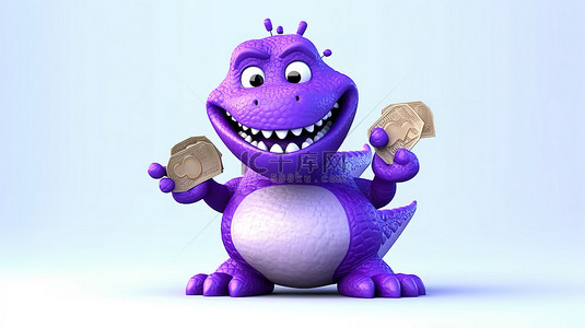 有趣的背景图片_有趣的 3D 紫色恐龙喜欢抓着欧元符号