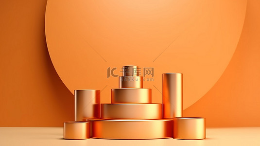 浅橙色背景背景图片_垂直 3D 产品展示豪华浅橙色圆柱讲台，墙上有金线装饰