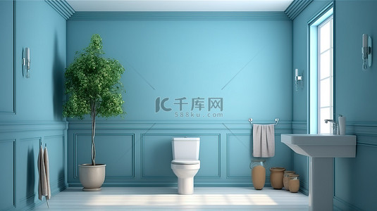 小型起重机背景图片_现代蓝色墙壁的小型客用卫生间的传统风格 3D 渲染