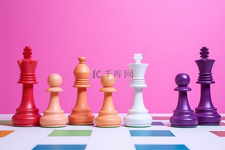 粉红色背景的明亮彩色背景上的棋子