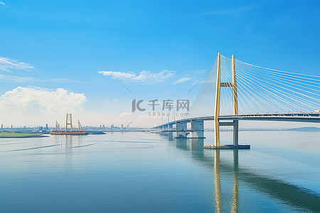 大桥港口背景图片_水上有大桥，水面有大船