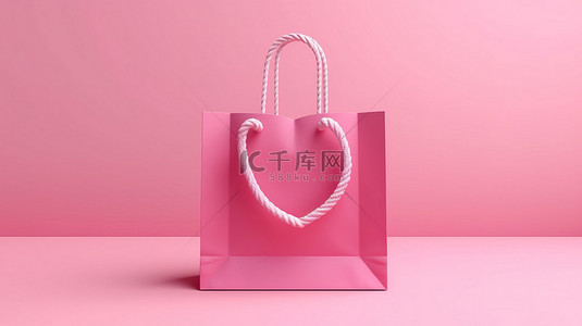 绳索上的白色心形标签增强了粉色纸购物袋，在 3D 渲染中呈现在干净的白色背景上