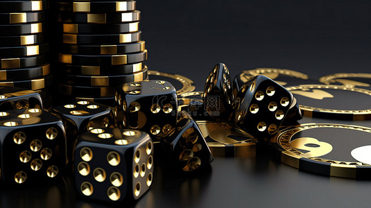 纸牌设计元素背景图片_洗牌和发光的金色骰子赌场元素的 3D 渲染插图