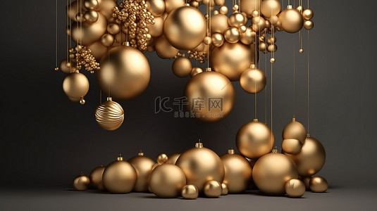 红色金色节日背景图片_金色圣诞装饰品挂在 3D 呈现的节日背景中