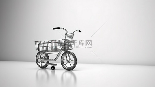 咨询背景图片_使用 3D 技术创建的白色背景的单色山地自行车放在购物车中