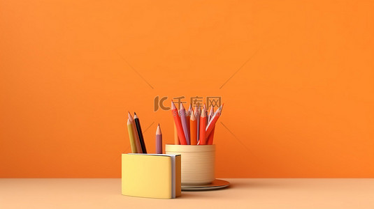 教育老师背景图片_想象教育，铅笔和课本在橙色墙上的 3D 渲染