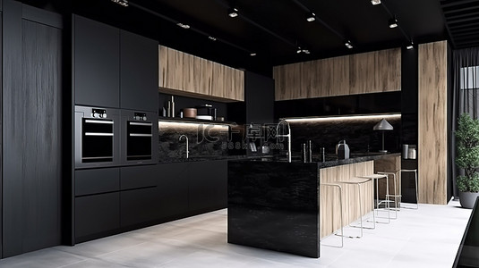 室内木材背景图片_现代木材和黑色厨房 3d 渲染