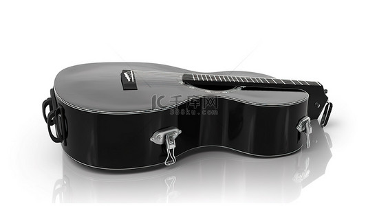 光滑的黑色皮革硬盒，适用于原声吉他白色背景 3D