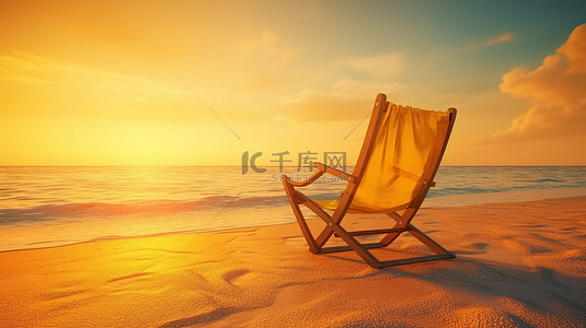 在黄色天空 3d 渲染的夏季热带背景上，用沙滩椅欣赏海滩日落