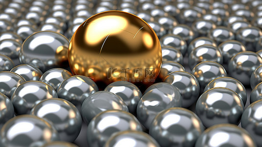 在 3D 渲染插图中，金色球体在一组银色球中领先